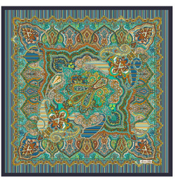 Ekskluzywna apaszka z jedwabiu chusta włoska Marina D'Este 90x90 Italian Silk turkusowa morska ornament