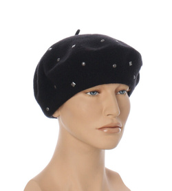 Włoski wełniany beret z antenką ozdobioną dżetami czarny 100% wełna Made in Italy