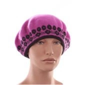 Klasyczny beret w kwiatuszki print TONAK 11" 100% Wełna różowy czarny