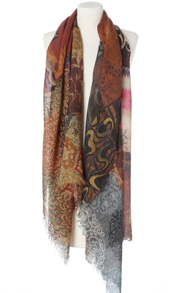 Wełniany elegancki Szal patchwork duża Chusta Laura Verdiani 70x180 rudy kolory jesieni