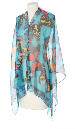Włoski piękny duży szal szalik turkusowy w motyle 70x180cm do sukienki na elegancki prezent